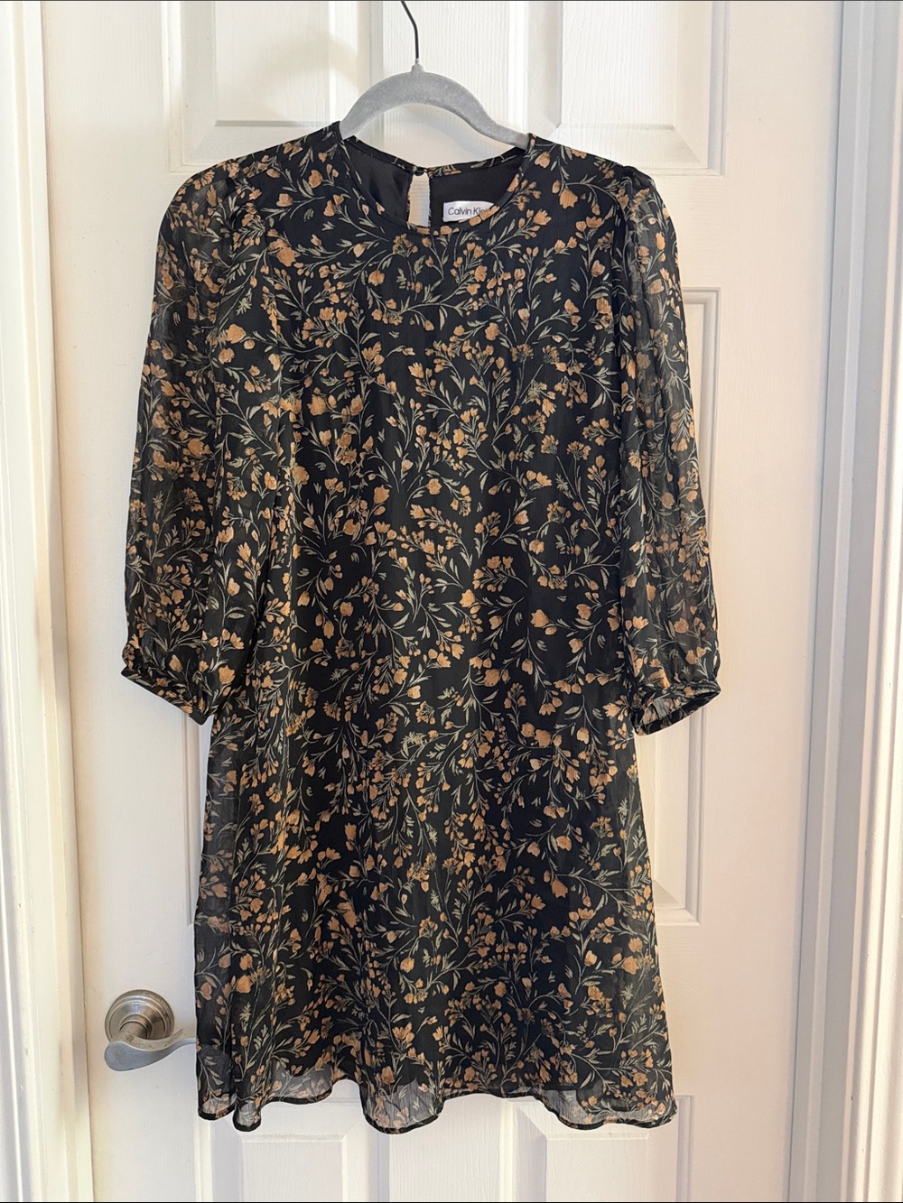Calvin Klein Black Dress with Tan Floral Print sz 2